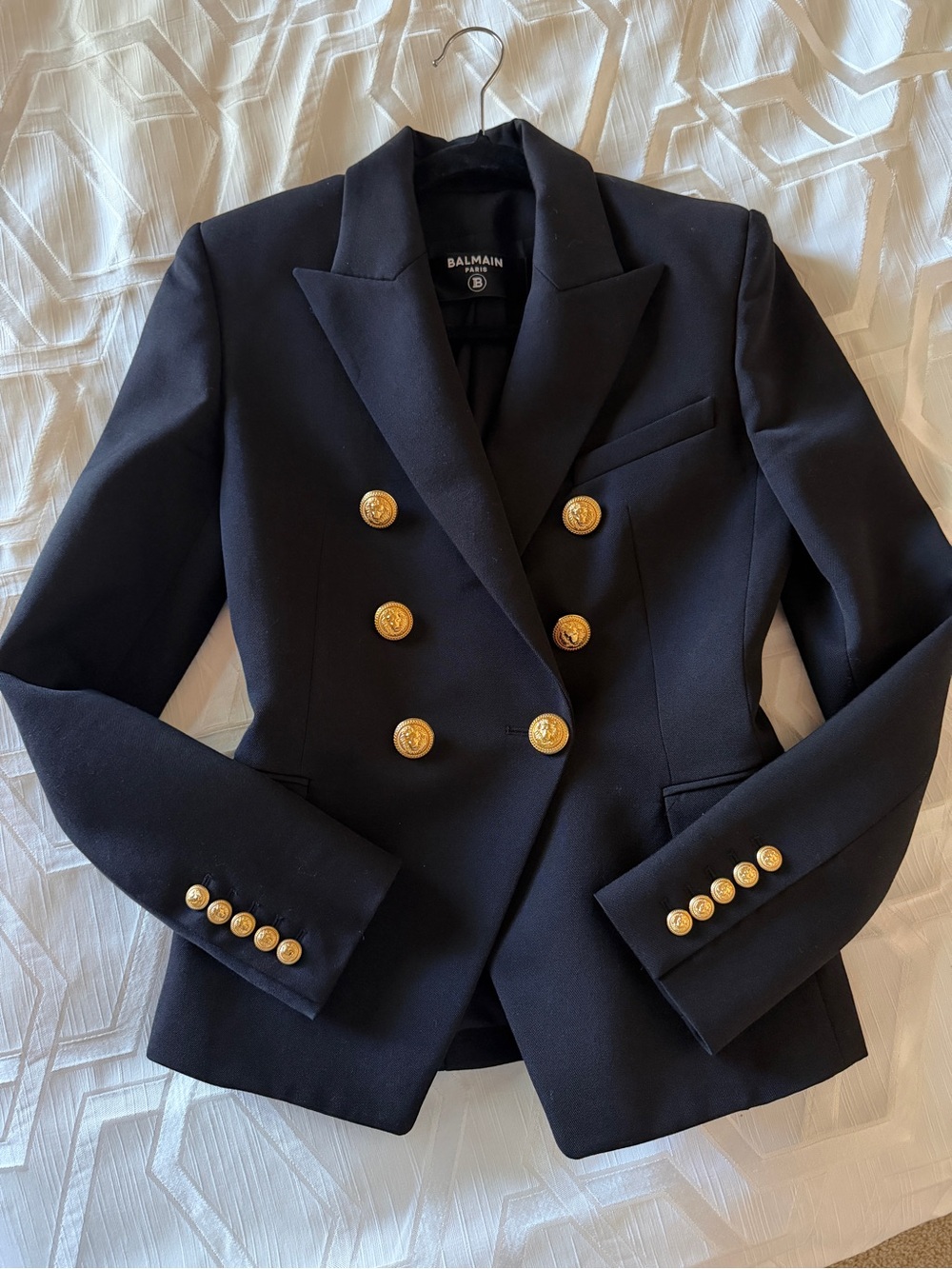 Balmain Women's Navy Double-Breasted Blazer with Gold Buttons